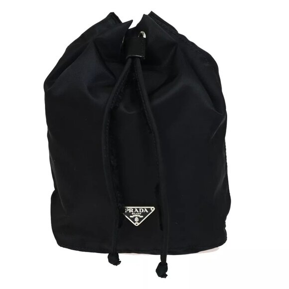 PRADA Logo Tessuto Drawstring Pouch Nylon Leather Black SHW Italy 61YF613 - Picture 1 of 14